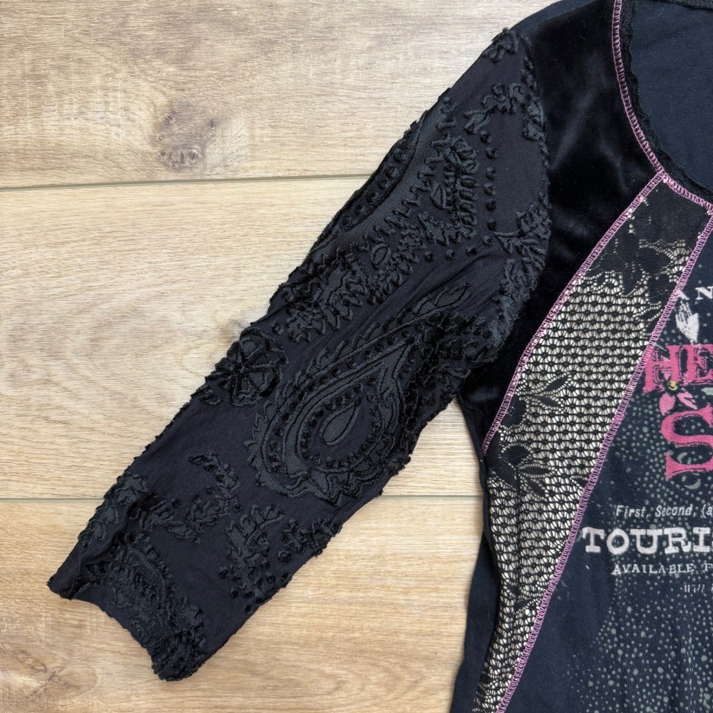 Edista Womens Vintage Y2K Grunge Graphic Top Black Sheer Embroidered Sleeves S - Picture 2 of 8